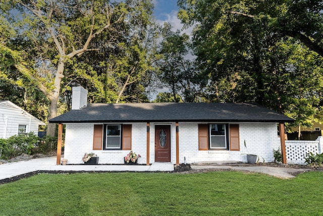 1129 Dickson Ave, Hanahan, SC 29410 - ranch-style house with brick siding, a chimney, a front yard, covered porch, and a shingled roof