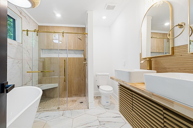 1129 Dickson Ave, Hanahan, SC 29410 - full bath featuring a freestanding bath, a stall shower, double vanity, marble look tile flooring, and recessed lighting