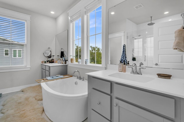 bathroom with vanity, separate shower and tub, and a wealth of natural light