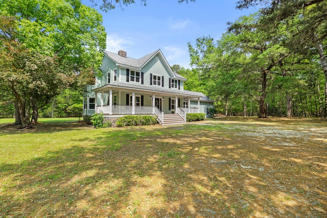5950 Kelseys Mill Rd, Ravenel, SC 29470 - farmhouse-style home featuring roof with shingles, a chimney, a front lawn, and covered porch