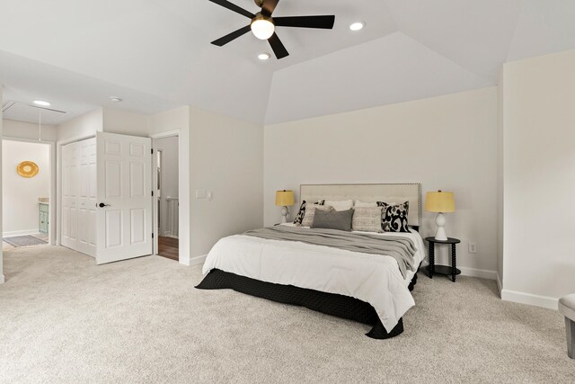 5950 Kelseys Mill Rd, Ravenel, SC 29470 - carpeted bedroom featuring ceiling fan, recessed lighting, attic access, lofted ceiling, and baseboards