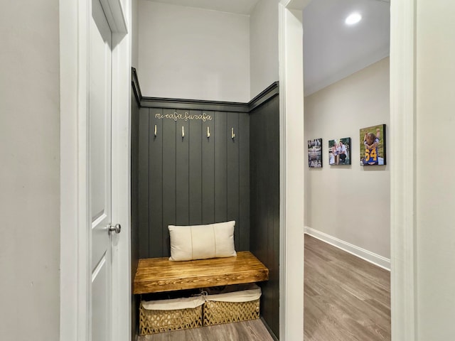 mudroom with hardwood / wood-style flooring