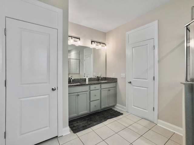 bathroom featuring a shower with door, vanity, and tile patterned floors