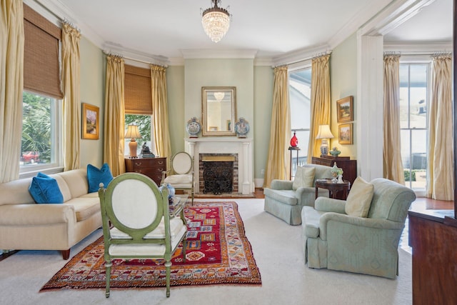 living room featuring ornamental molding and plenty of natural light