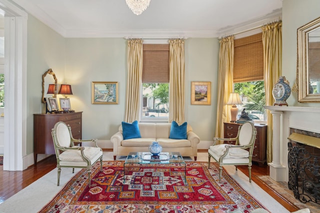 living area with a premium fireplace, ornamental molding, plenty of natural light, and wood finished floors