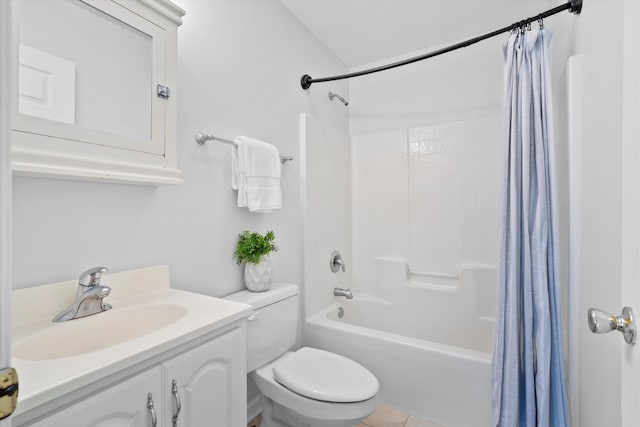 bathroom with vanity, shower / bath combination with curtain, toilet, and tile patterned floors