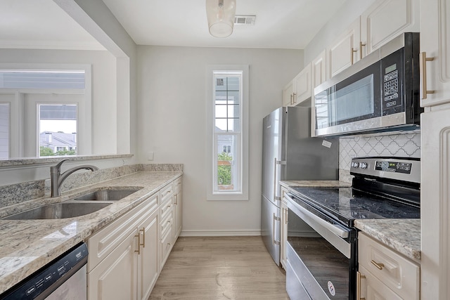130 River Landing Dr Unit 2310, Daniel Island, SC 29492 - kitchen with appliances with stainless steel finishes, a sink, tasteful backsplash, white cabinets, and light wood-type flooring