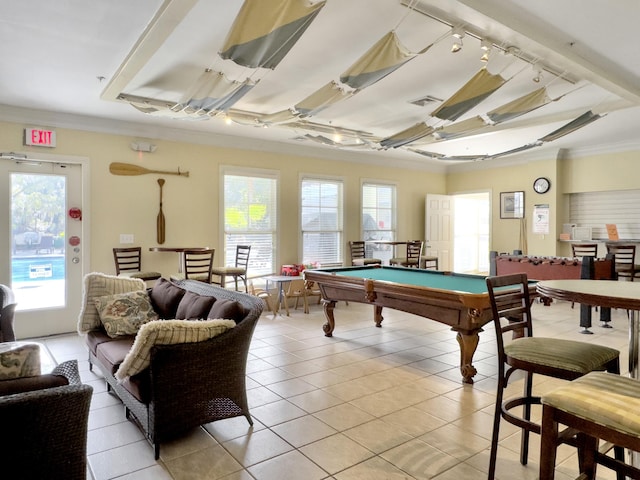 recreation room featuring crown molding, billiards, and light tile patterned floors