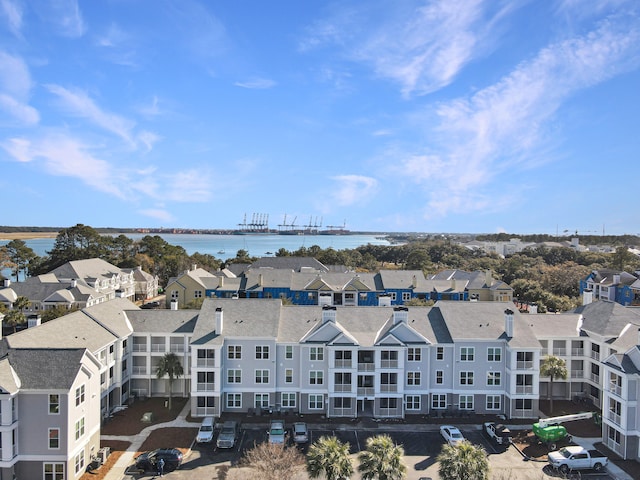 drone / aerial view with a water view