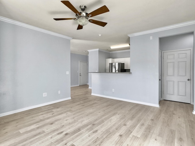 unfurnished living room featuring crown molding, ceiling fan, and light hardwood / wood-style flooring