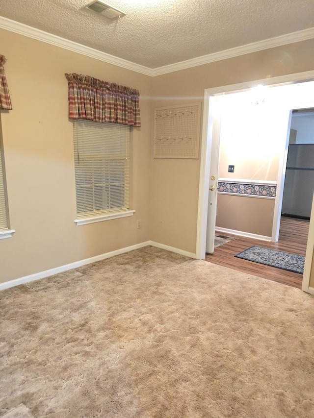 carpeted empty room with crown molding and a textured ceiling