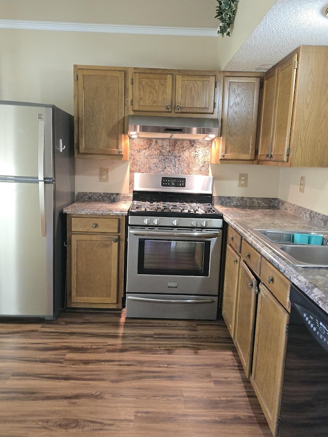 kitchen with ventilation hood, sink, dark hardwood / wood-style flooring, ornamental molding, and stainless steel appliances