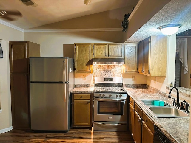 kitchen with lofted ceiling, sink, ornamental molding, dark hardwood / wood-style floors, and stainless steel appliances