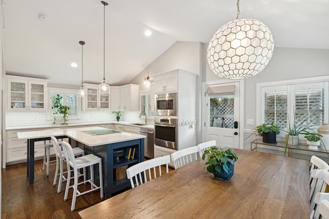 dining room with dark hardwood / wood-style flooring, high vaulted ceiling, and sink