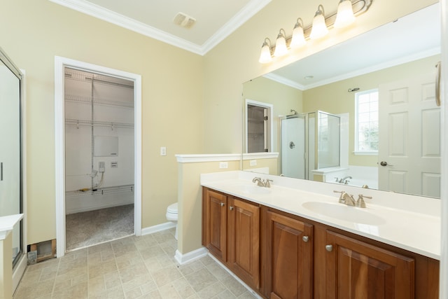 full bathroom with plus walk in shower, vanity, toilet, and crown molding