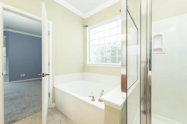 bathroom with plus walk in shower and crown molding