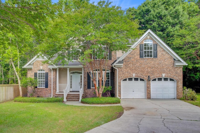 view of front facade with concrete driveway, brick siding, and an attached garage
