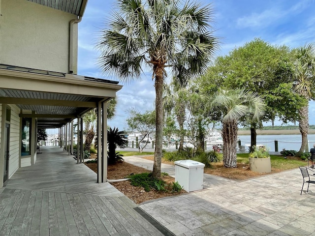 view of patio featuring a water view