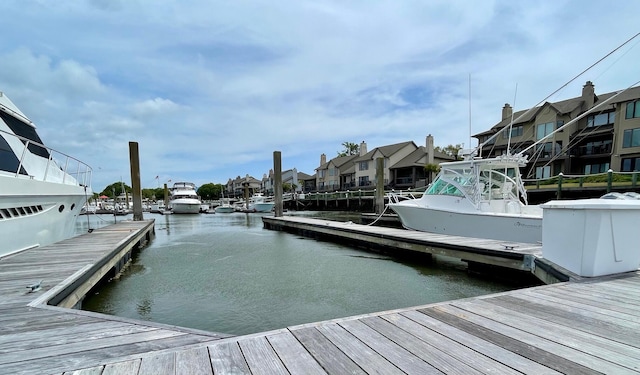 view of dock featuring a residential view and a water view