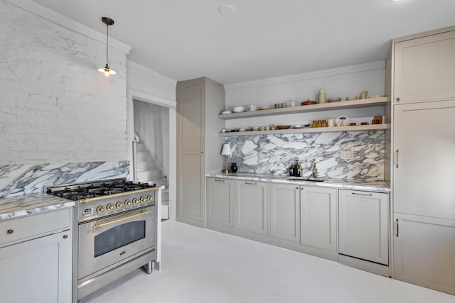 176 Smith St, Charleston, SC 29403 - kitchen featuring stainless steel range, tasteful backsplash, open shelves, hanging light fixtures, and ornamental molding
