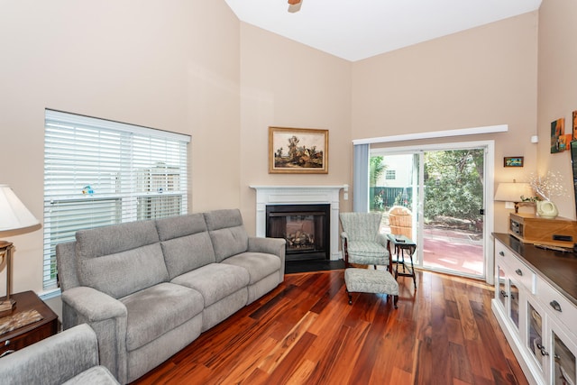 living room with dark wood-type flooring and a high ceiling