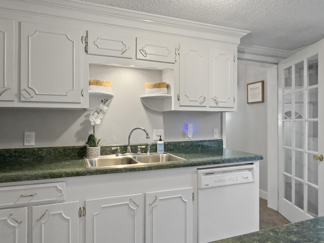 kitchen with dark countertops, dishwasher, a sink, and open shelves