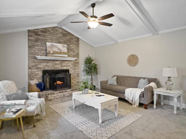 living room with a brick fireplace, light carpet, vaulted ceiling with beams, and ceiling fan