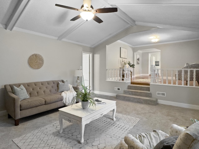 living room with lofted ceiling with beams, stairway, carpet, and visible vents