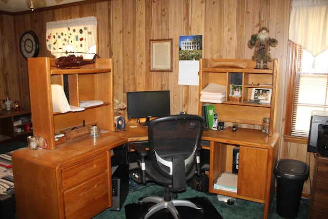 office featuring carpet and wooden walls