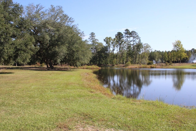 view of property's community with a yard and a water view