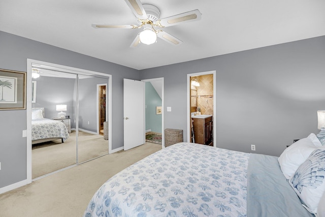 166 River Breeze Dr, Charleston, SC 29407 - bedroom featuring light carpet, a closet, baseboards, a ceiling fan, and ensuite bathroom