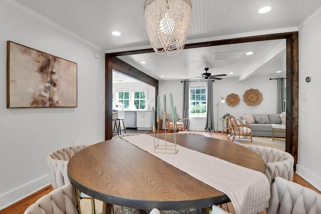 1151 Camellia Dr, Mount Pleasant, SC 29464 - dining room featuring a chandelier, ornamental molding, baseboards, wood finished floors, and recessed lighting