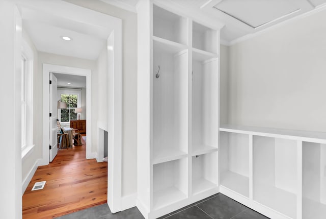 1151 Camellia Dr, Mount Pleasant, SC 29464 - mudroom with recessed lighting, attic access, baseboards, and dark wood finished floors