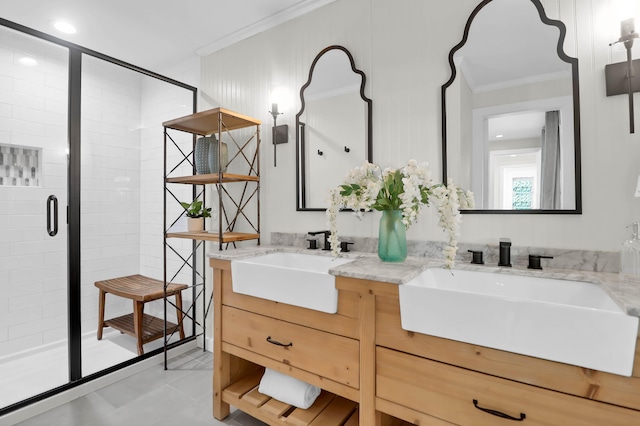 1151 Camellia Dr, Mount Pleasant, SC 29464 - full bath featuring double vanity, a stall shower, crown molding, and tile patterned flooring