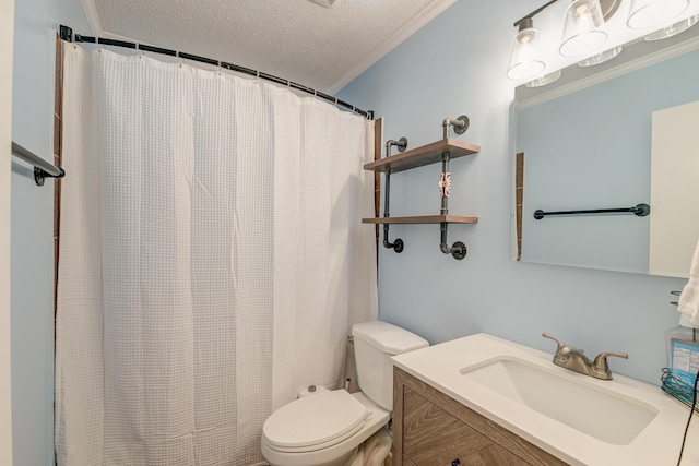 bathroom featuring crown molding, vanity, a textured ceiling, a shower with curtain, and toilet