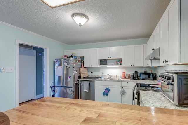 kitchen with white cabinetry, sink, ornamental molding, stainless steel appliances, and a textured ceiling