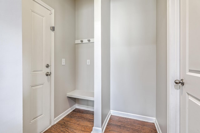 mudroom with baseboards and dark wood finished floors