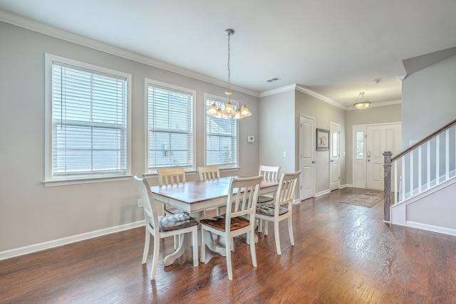 dining room with stairs, baseboards, a notable chandelier, and a wealth of natural light