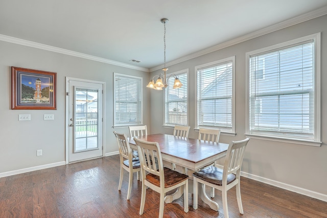 dining space featuring an inviting chandelier, baseboards, dark wood-style floors, and visible vents