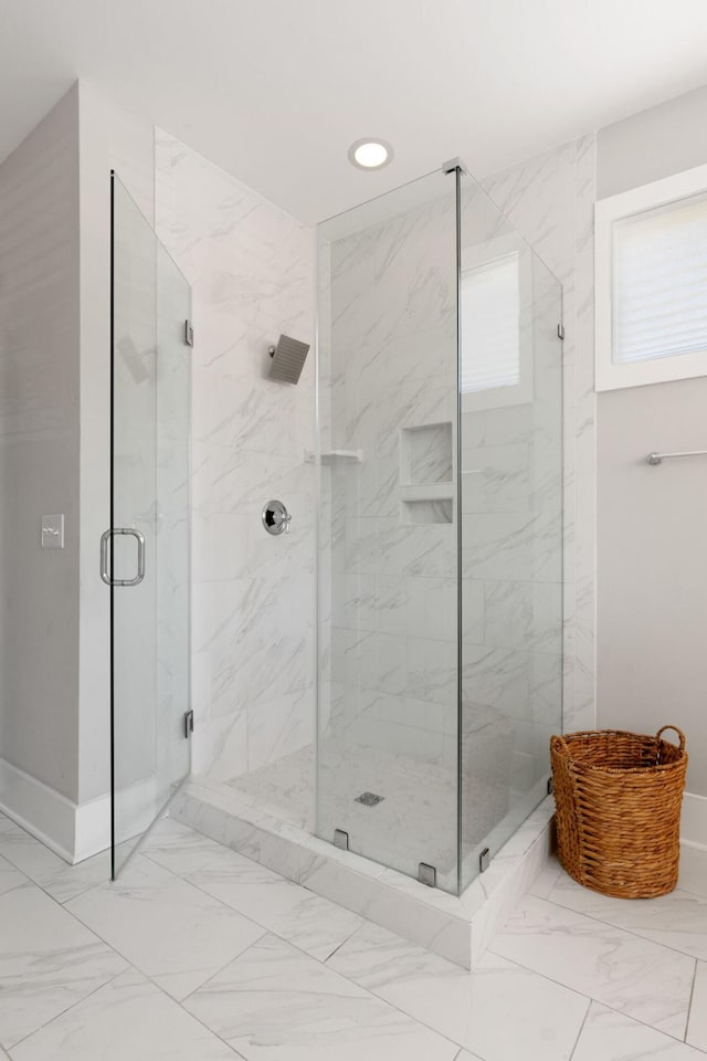 2828 Wagner Way, Mount Pleasant, SC 29466 - full bathroom with marble look tiles, a marble finish shower, recessed lighting, and baseboards