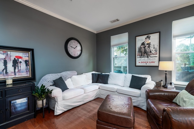 living room with ornamental molding and dark hardwood / wood-style floors