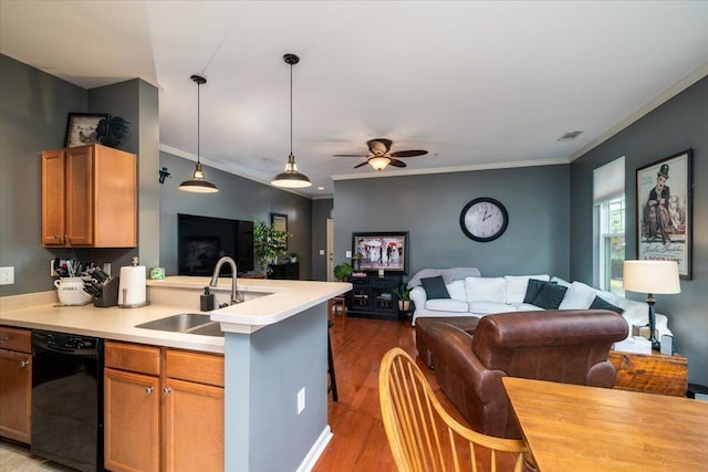 kitchen with crown molding, dark hardwood / wood-style floors, black dishwasher, and sink