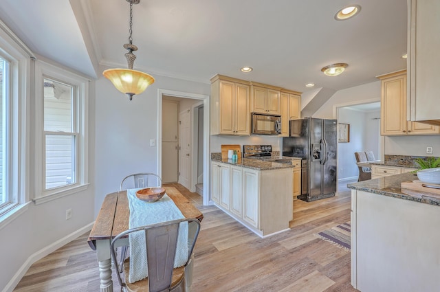 103 Laurens Ct, Summerville, SC 29485 - kitchen with light wood-type flooring, baseboards, black appliances, and dark stone counters