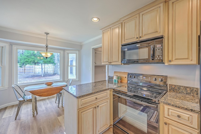 103 Laurens Ct, Summerville, SC 29485 - kitchen with stone counters, ornamental molding, hanging light fixtures, black appliances, and light wood-type flooring