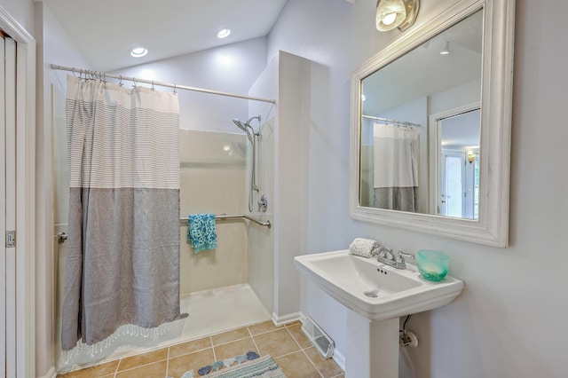 103 Laurens Ct, Summerville, SC 29485 - full bathroom featuring visible vents, a shower with curtain, recessed lighting, tile patterned flooring, and lofted ceiling