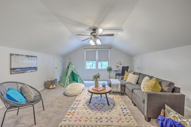 103 Laurens Ct, Summerville, SC 29485 - carpeted living area featuring baseboards, a ceiling fan, and lofted ceiling