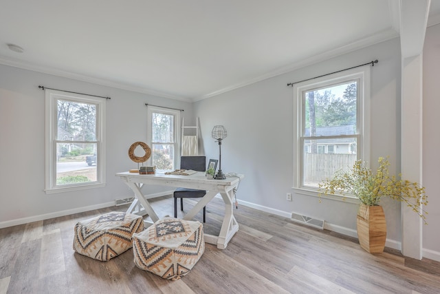 103 Laurens Ct, Summerville, SC 29485 - office area featuring light wood-style flooring, baseboards, visible vents, and ornamental molding