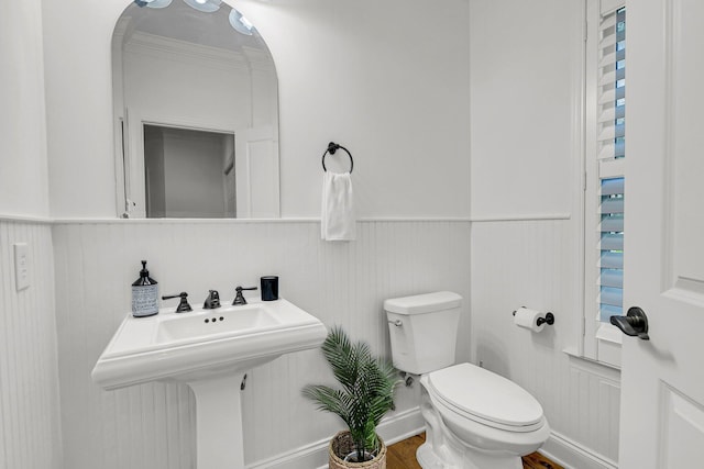 half bathroom featuring wainscoting, wood finished floors, and toilet