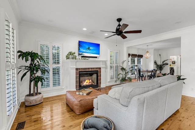 living room featuring plenty of natural light, wood-type flooring, and crown molding