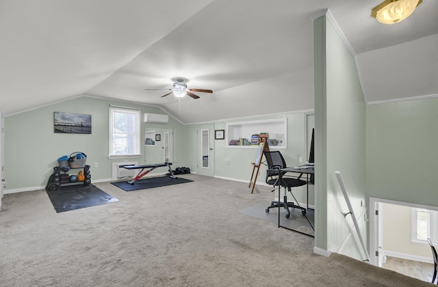 exercise area with vaulted ceiling, an AC wall unit, ceiling fan, and carpet